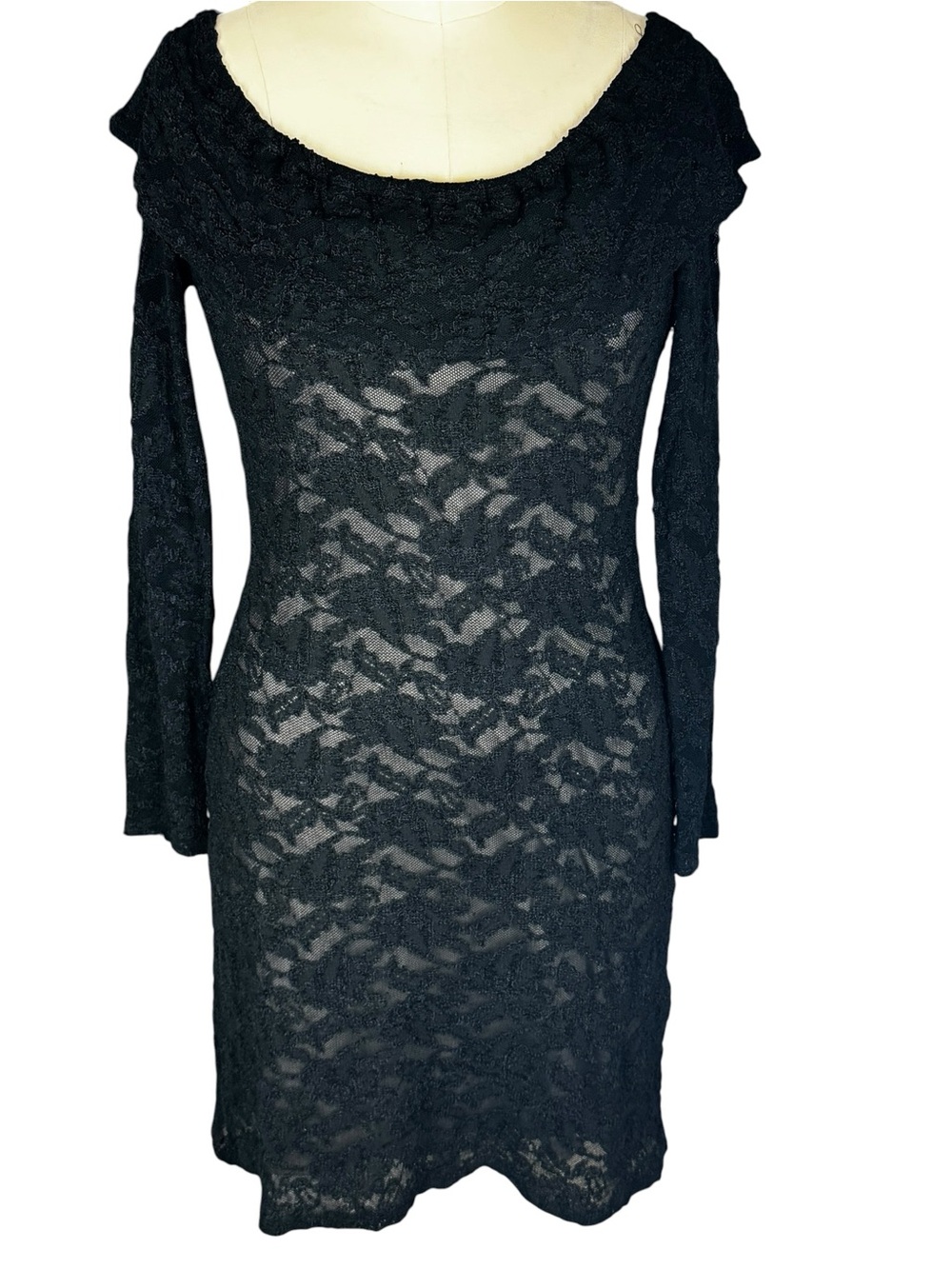 Vintage Y2K 90s Lily Black Floral Lace Dress Nude Lined Off Shoulder Bodycon L